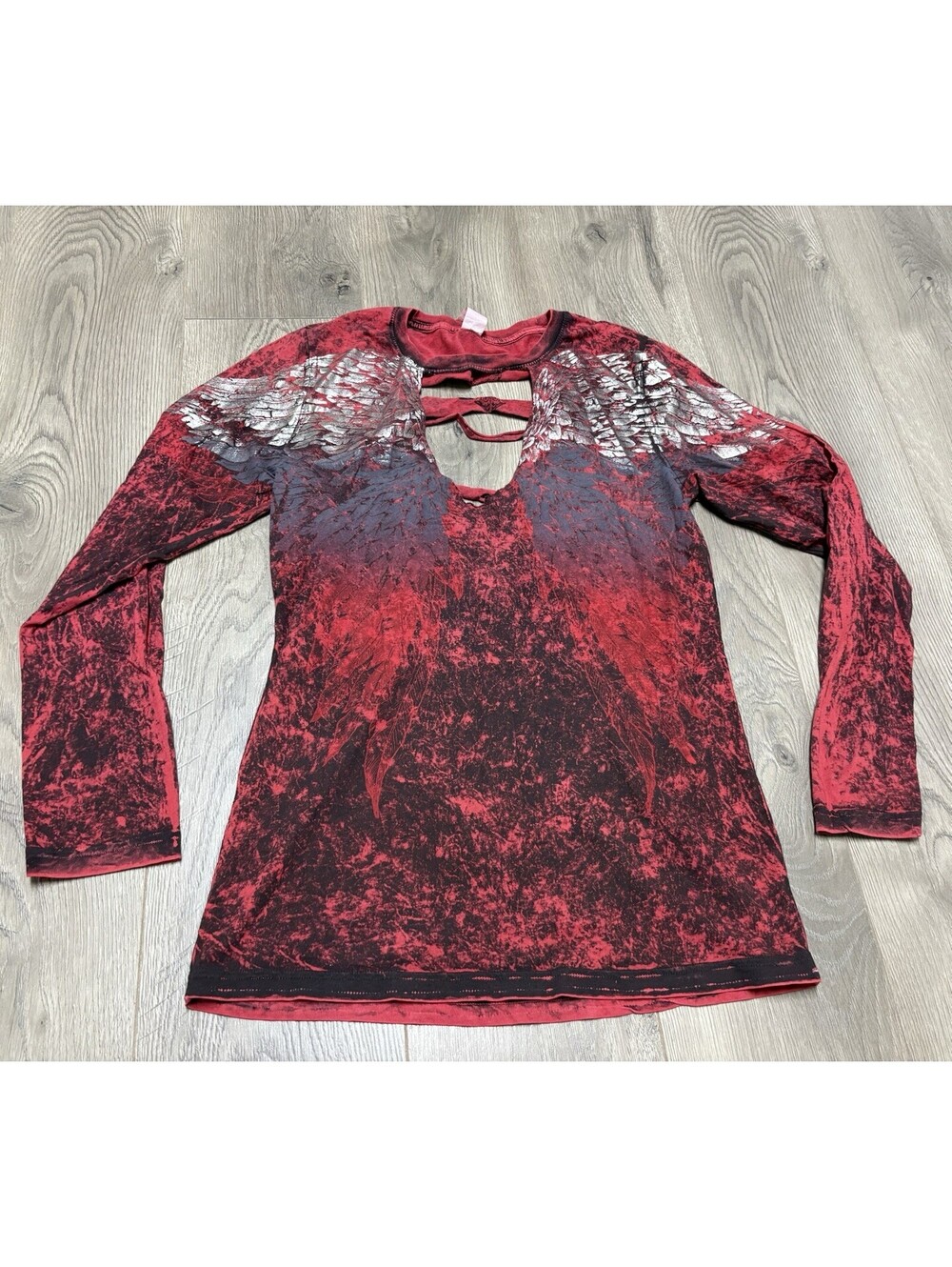 Affliction Red Cross All Over Print Long Sleeve TShirt Womens Size XL Distressed